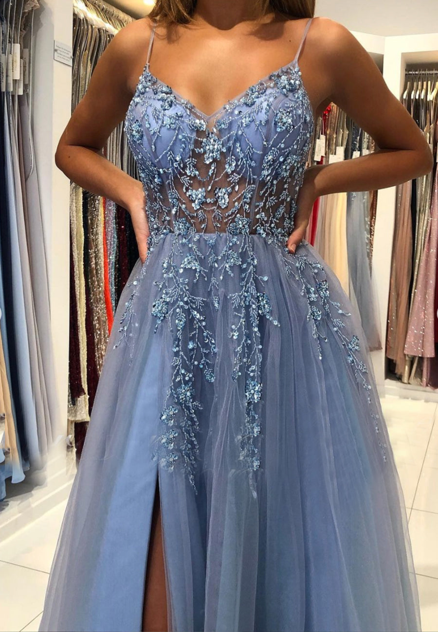 Blue V-Neck Tulle Beading Long Prom Dress, Blue Graduation Dress Secondary image