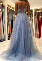 Blue V-Neck Tulle Beading Long Prom Dress, Blue Graduation Dress