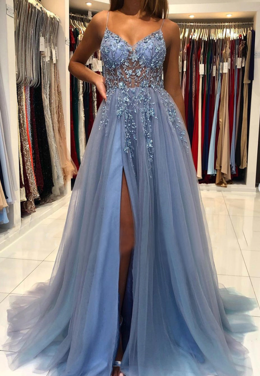 Blue V-Neck Tulle Beading Long Prom Dress, Blue Graduation Dress Main image
