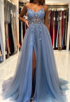 Blue V-Neck Tulle Beading Long Prom Dress, Blue Graduation Dress