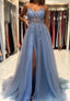 Blue V-Neck Tulle Beading Long Prom Dress, Blue Graduation Dress