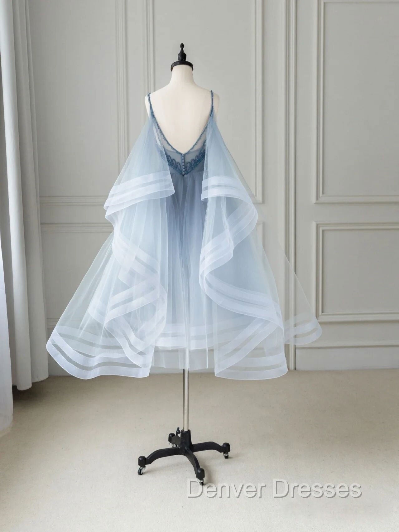 Blue V Neck Tulle Beads Short Prom Dress, Blue Tulle Formal Dress