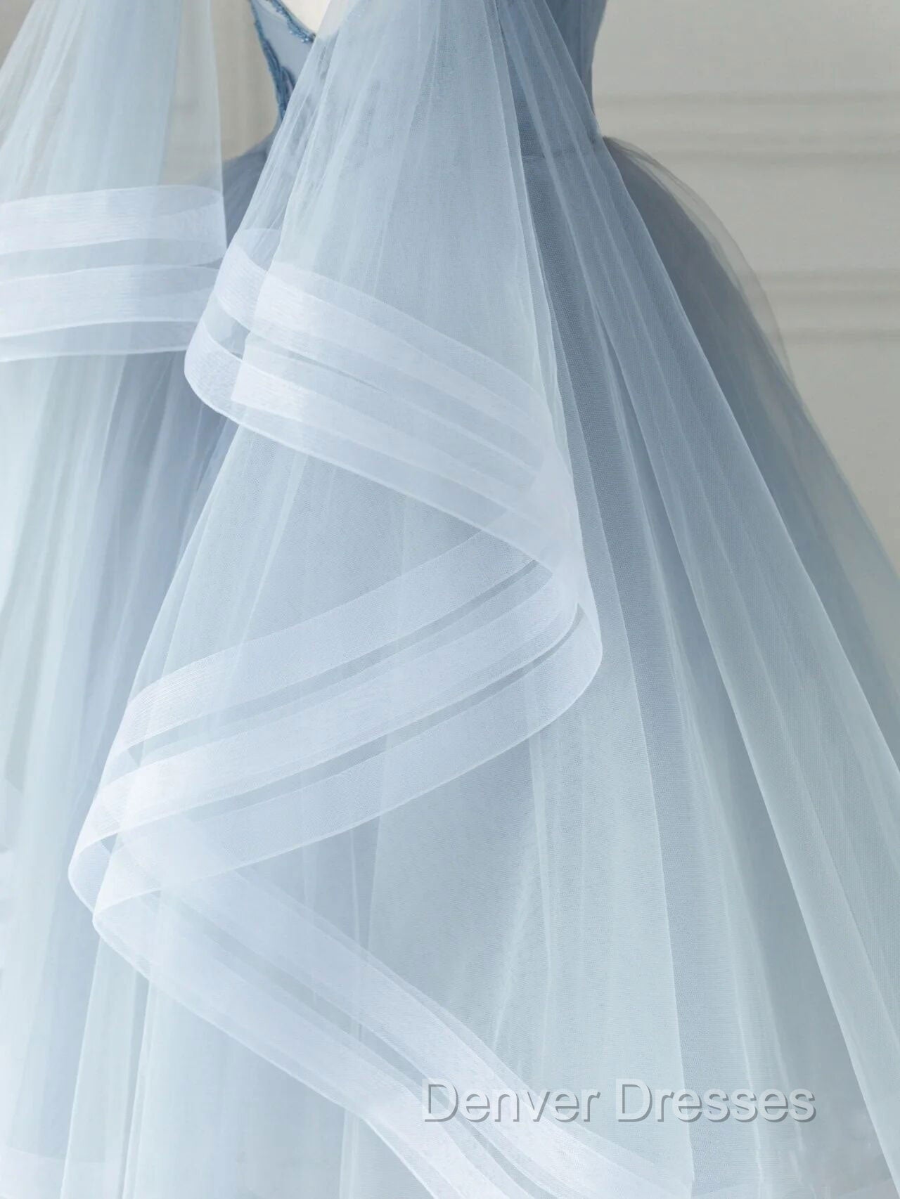 Blue V Neck Tulle Beads Short Prom Dress, Blue Tulle Formal Dress