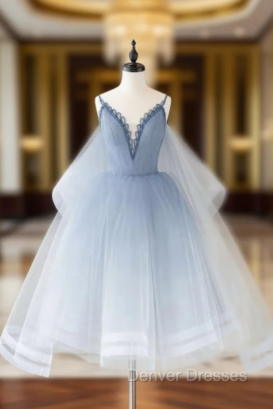 Blue V Neck Tulle Beads Short Prom Dress, Blue Tulle Formal Dress Main image