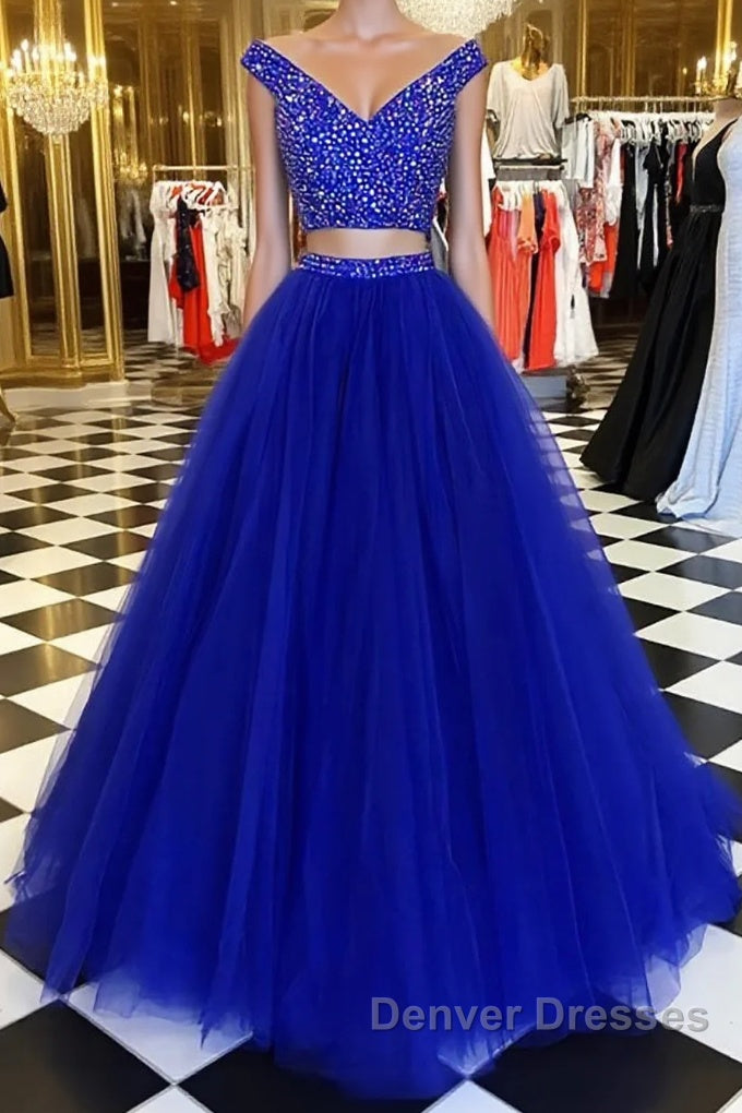 Blue v neck tulle beads two pieces long prom Dress, blue evening Dress