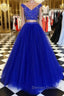 Blue v neck tulle beads two pieces long prom Dress, blue evening Dress
