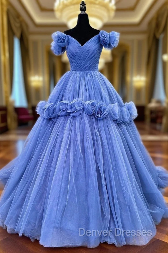 Blue V-neck Tulle Formal Dress with Flowers, Blue Formal Dress Sweet 16 Dress Main image