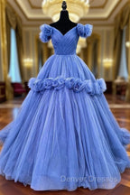 Blue V-neck Tulle Formal Dress with Flowers, Blue Formal Dress Sweet 16 Dress