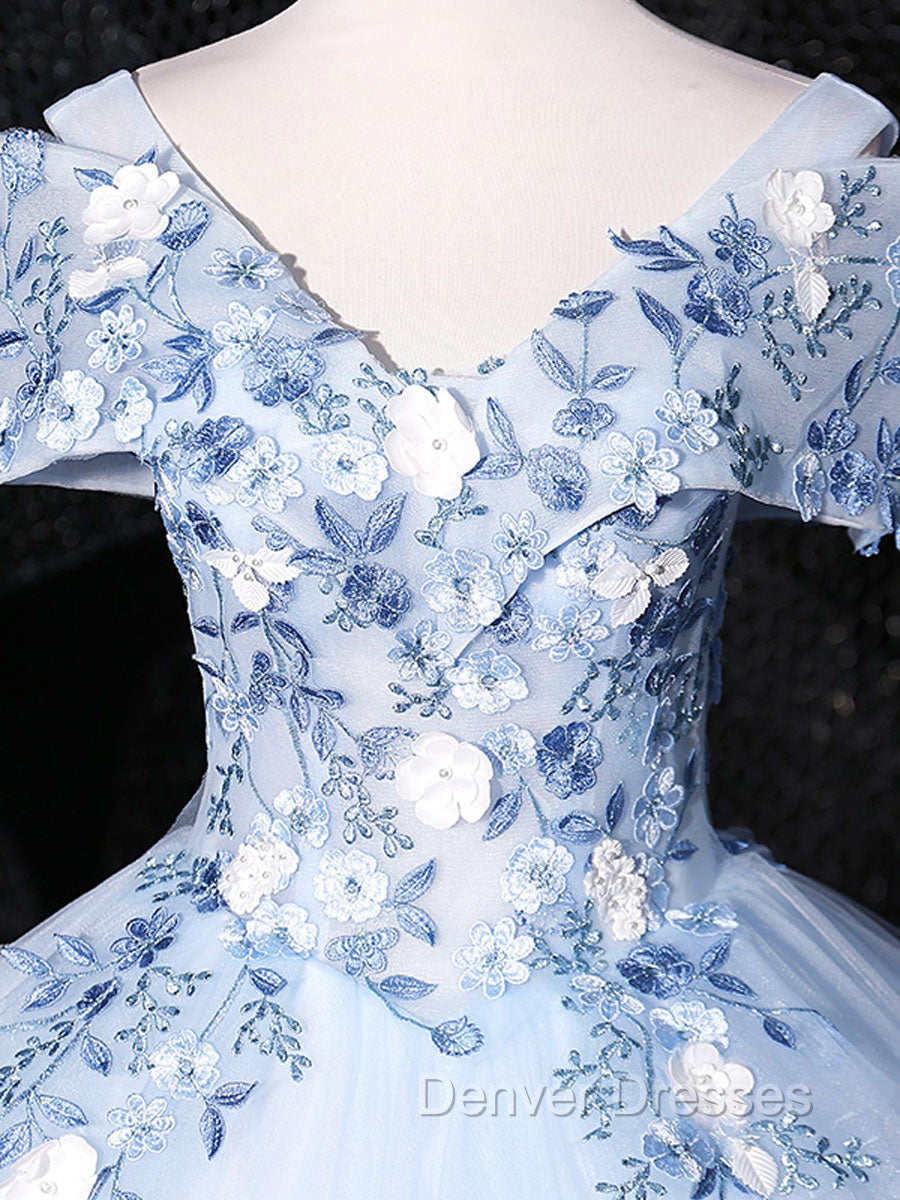 Blue V Neck Tulle Lace Long Formal Prom Dress. Blue Sweet 16 Dress