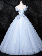 Blue V Neck Tulle Lace Long Formal Prom Dress. Blue Sweet 16 Dress