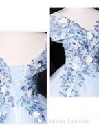 Blue V Neck Tulle Lace Long Formal Prom Dress. Blue Sweet 16 Dress