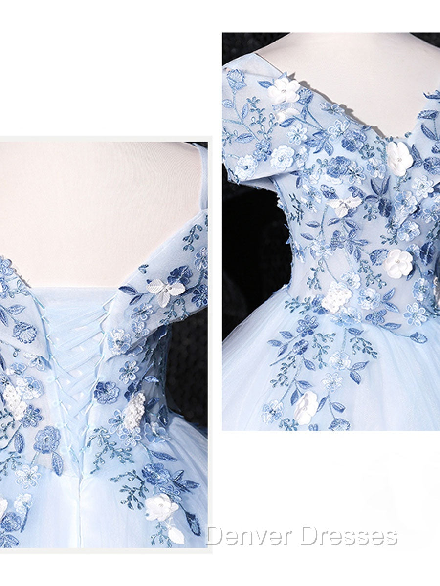 Blue V Neck Tulle Lace Long Formal Prom Dress. Blue Sweet 16 Dress