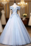 Blue V Neck Tulle Lace Long Formal Prom Dress. Blue Sweet 16 Dress