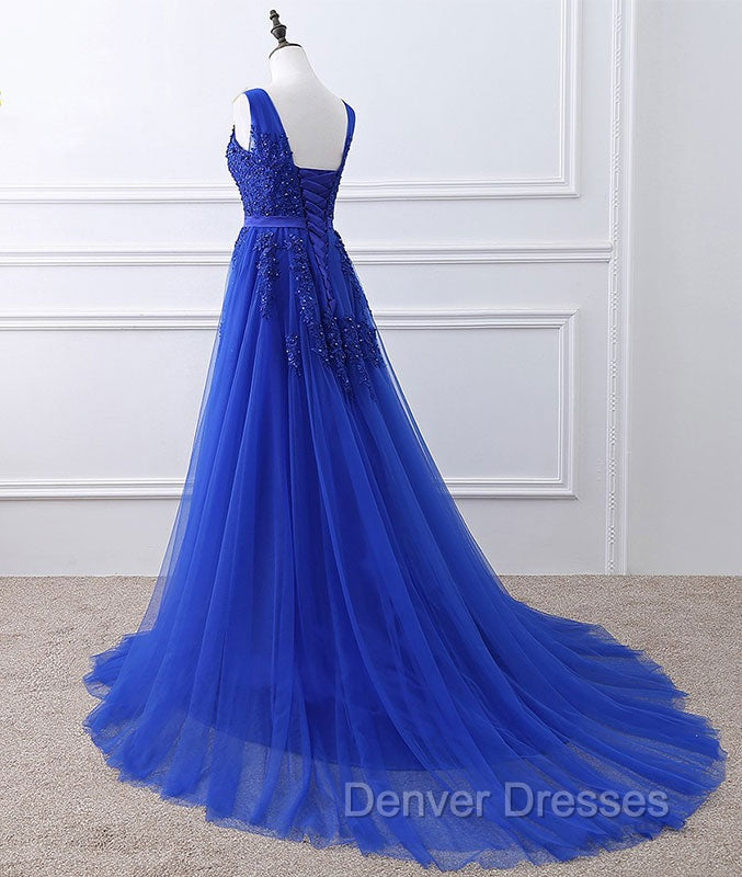 Blue V Neck Tulle Lace Long Prom Dress, Blue Evening Dress Secondary image