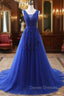 Blue V Neck Tulle Lace Long Prom Dress, Blue Evening Dress