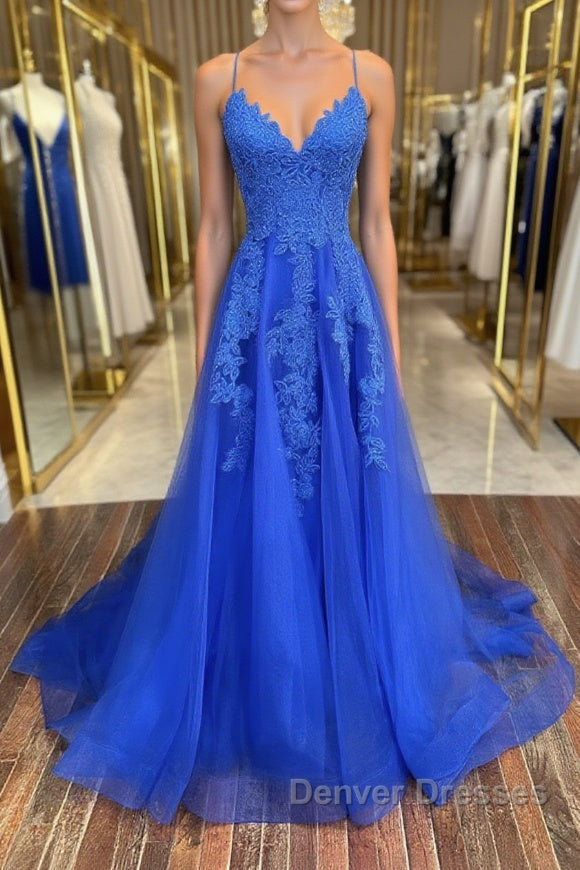 Blue v neck tulle lace long prom Dress, blue lace bridesmaid Dress