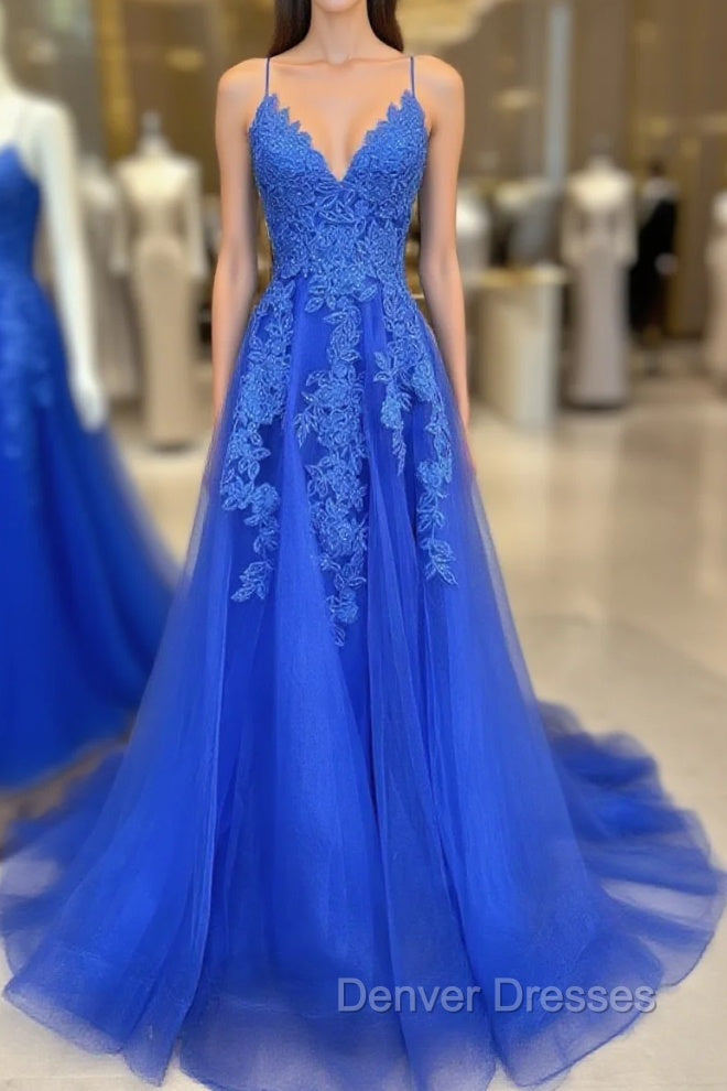 Blue V Neck Tulle Lace Long Prom Dress, Blue Tulle Evening Dress Main image