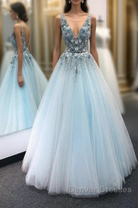 Blue v neck tulle lace long prom Dress blue tulle formal Dress