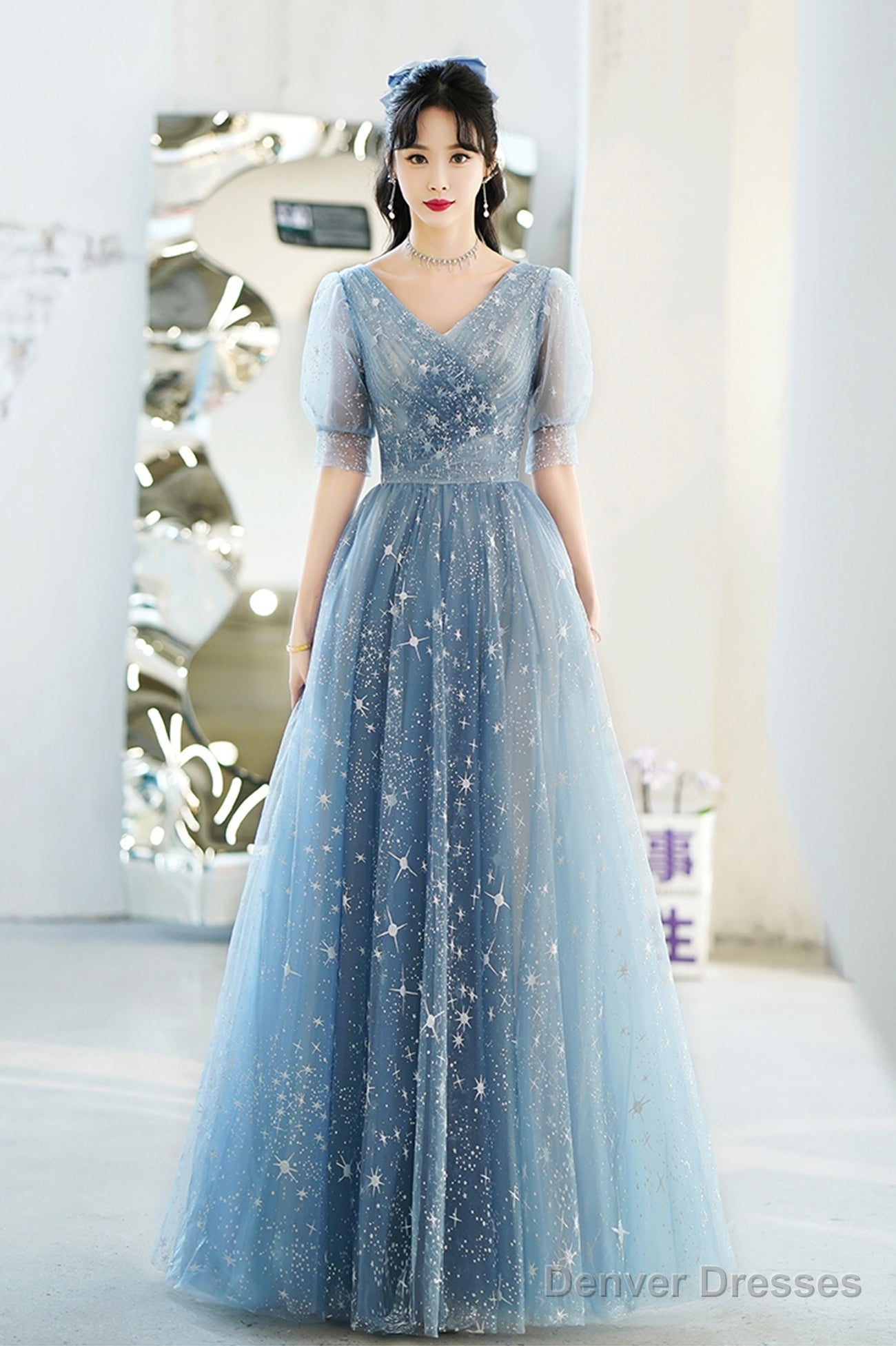 Blue V-Neck Tulle Long A-Line Prom Dress, Blue Evening Graduation Dress Secondary image
