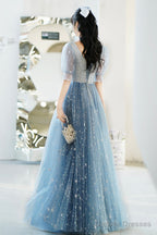 Blue V-Neck Tulle Long A-Line Prom Dress, Blue Evening Graduation Dress