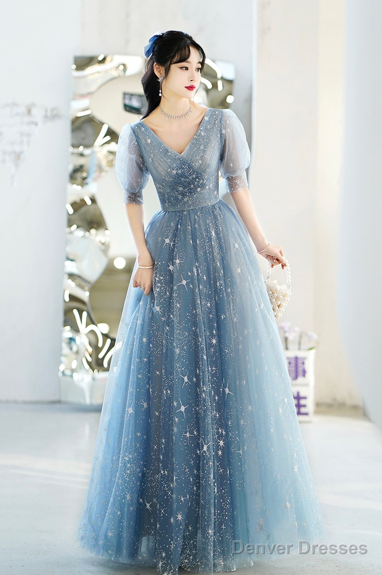 Blue V-Neck Tulle Long A-Line Prom Dress, Blue Evening Graduation Dress Main image