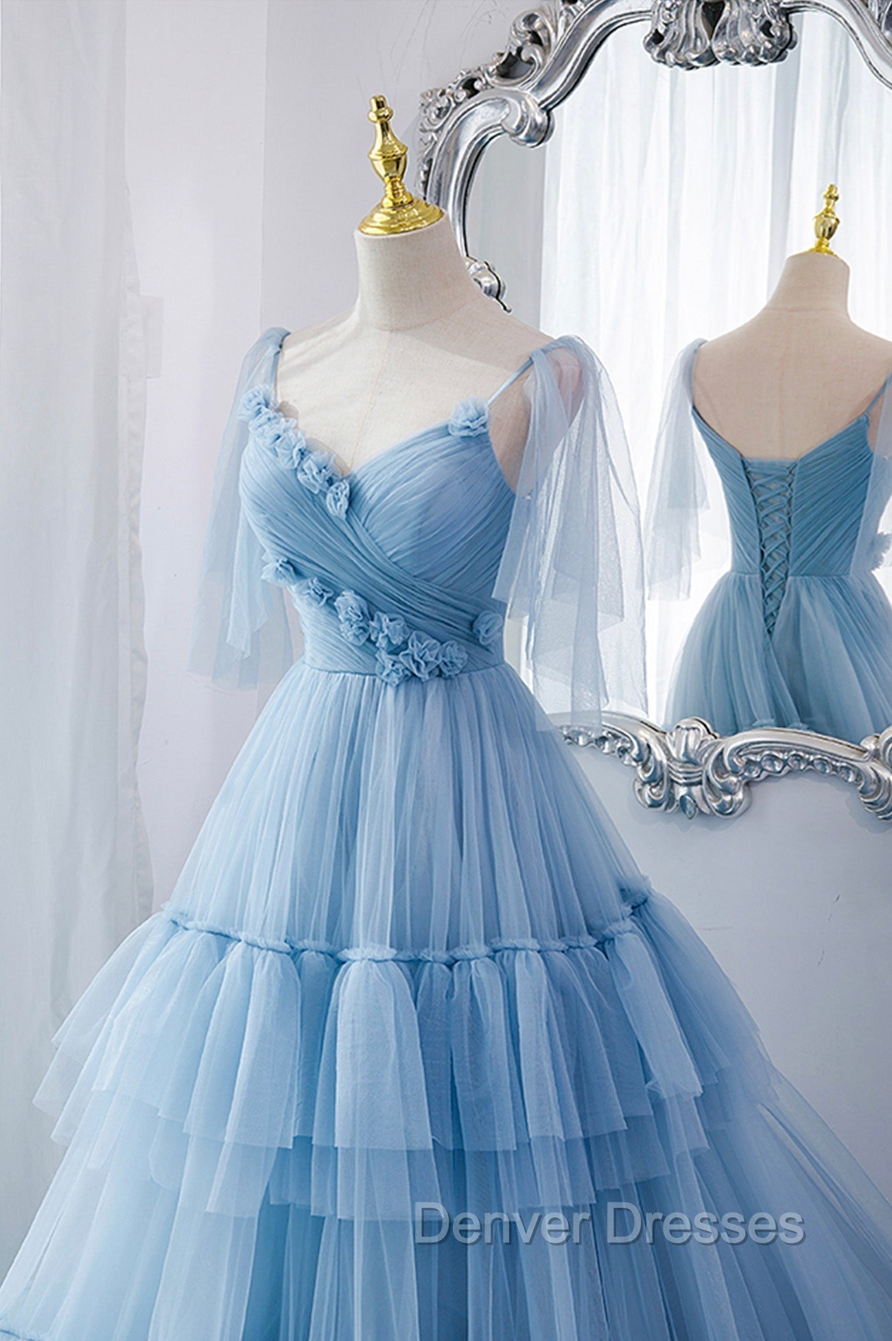 Blue V-Neck Tulle Long Prom Dress, A-Line Evening Party Dress Secondary image