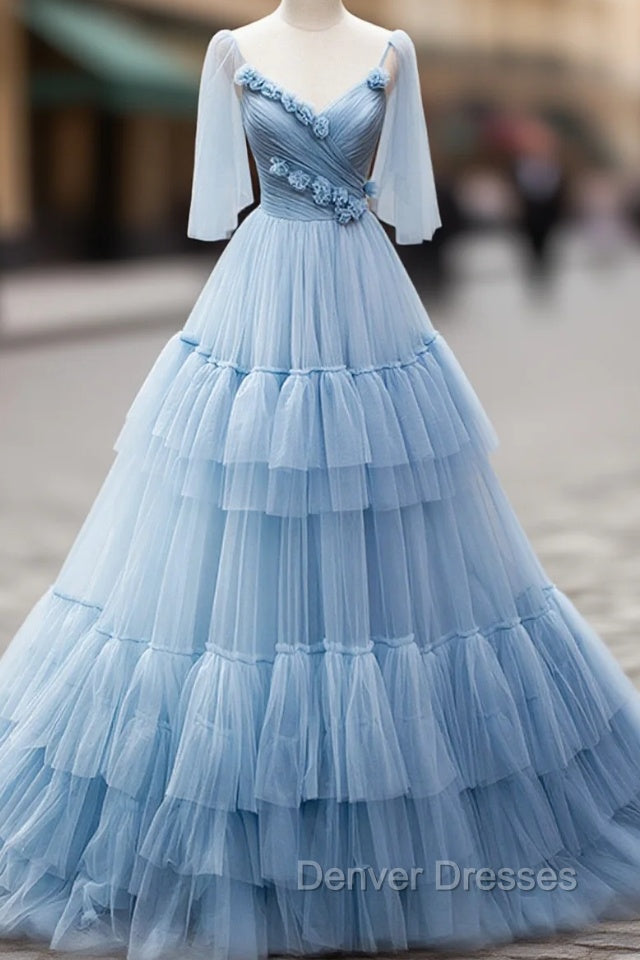 Blue V-Neck Tulle Long Prom Dress, A-Line Evening Party Dress