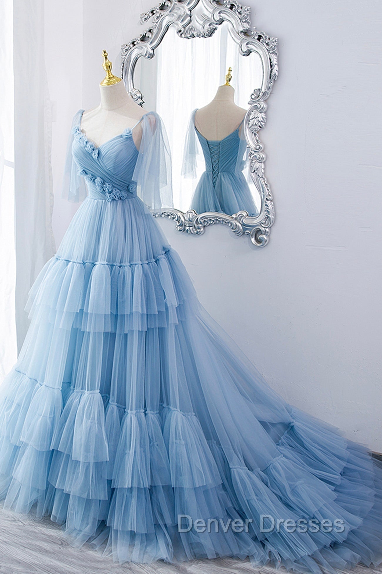 Blue V-Neck Tulle Long Prom Dress, A-Line Evening Party Dress Main image