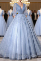 Blue V-Neck Tulle Long Prom Dress, A-Line Formal Evening Dress