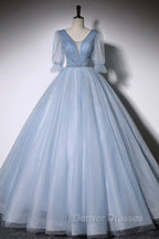 Blue V-Neck Tulle Long Prom Dress, A-Line Formal Evening Dress
