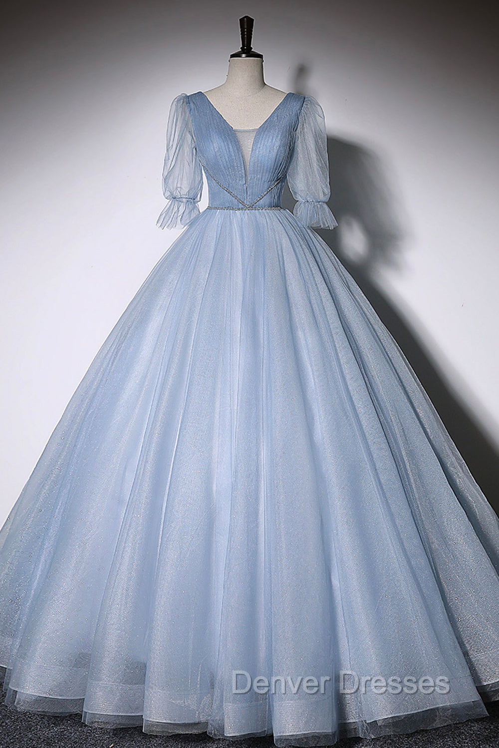 Blue V-Neck Tulle Long Prom Dress, A-Line Formal Evening Dress Main image