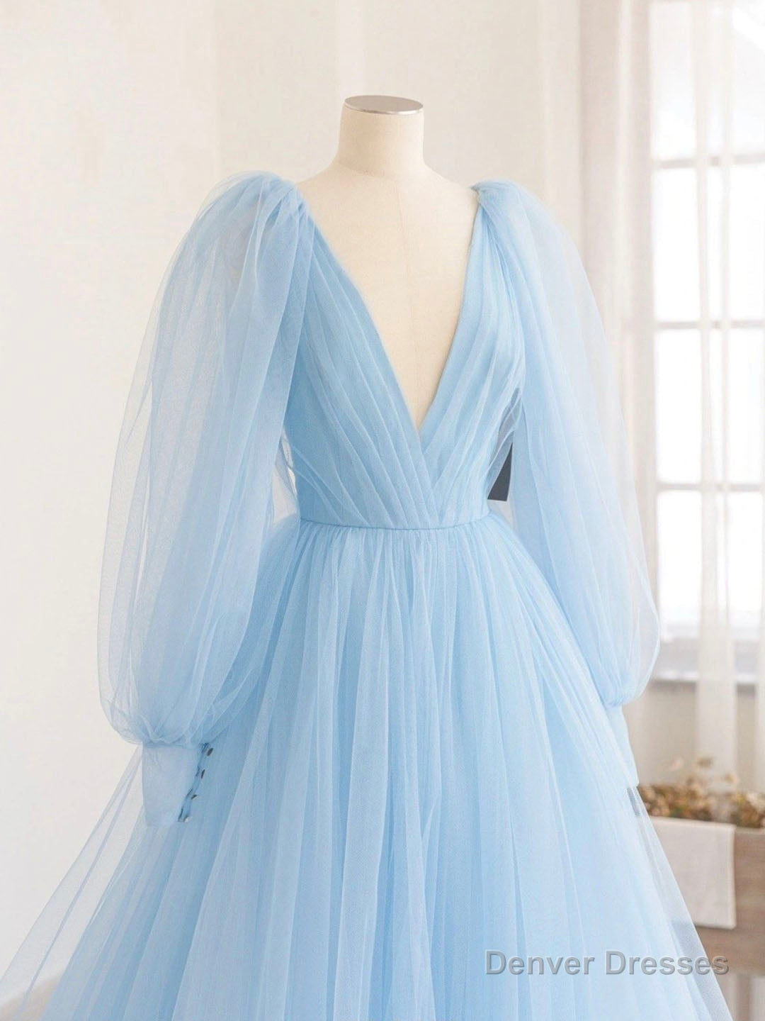Blue V-Neck Tulle Long Prom Dress, A-Line Long Sleeve Evening Dress Secondary image