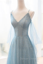 Blue V-Neck Tulle Long Prom Dress, A-Line Spaghetti Strap Evening Dress