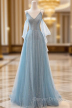 Blue V-Neck Tulle Long Prom Dress, A-Line Spaghetti Strap Evening Dress