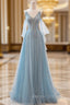 Blue V-Neck Tulle Long Prom Dress, A-Line Spaghetti Strap Evening Dress
