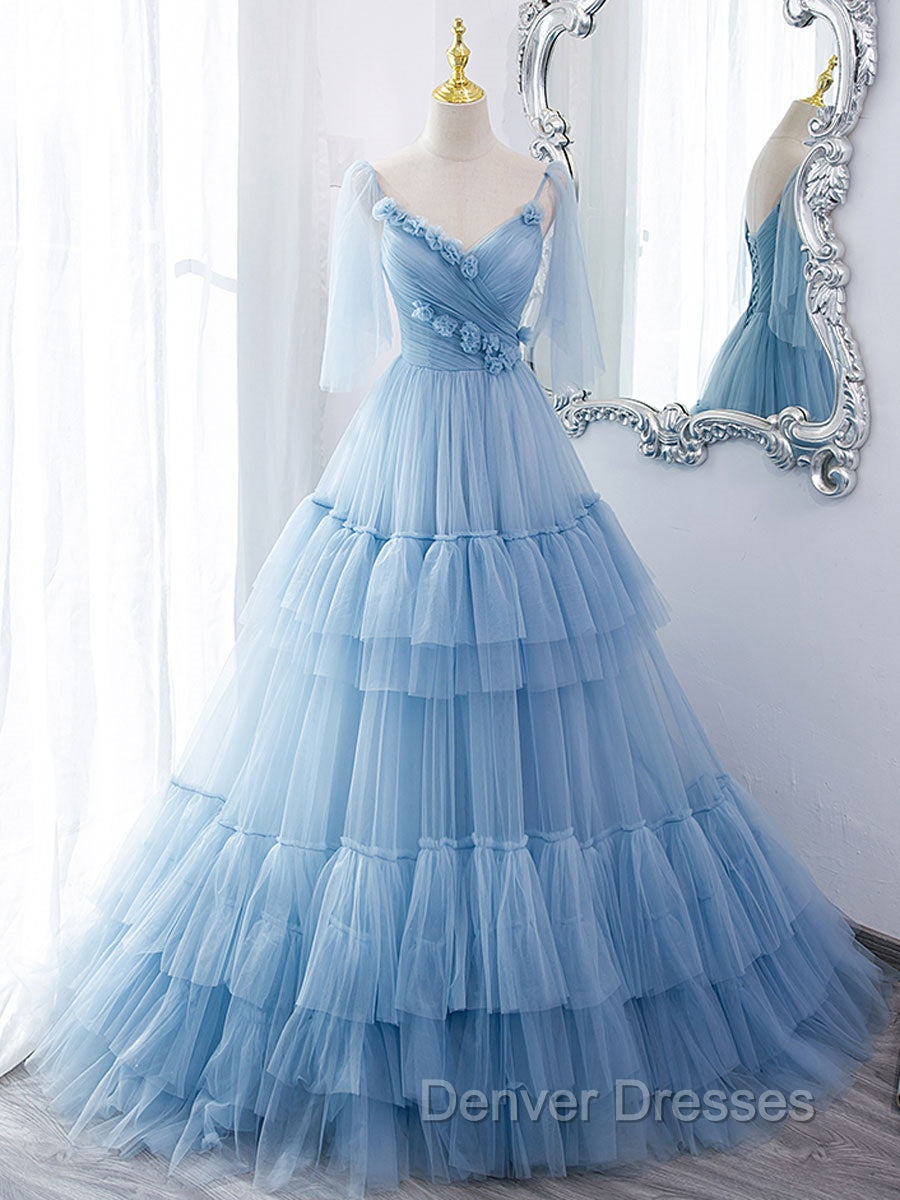 Blue v neck tulle long prom dress, blue tulle formal dress