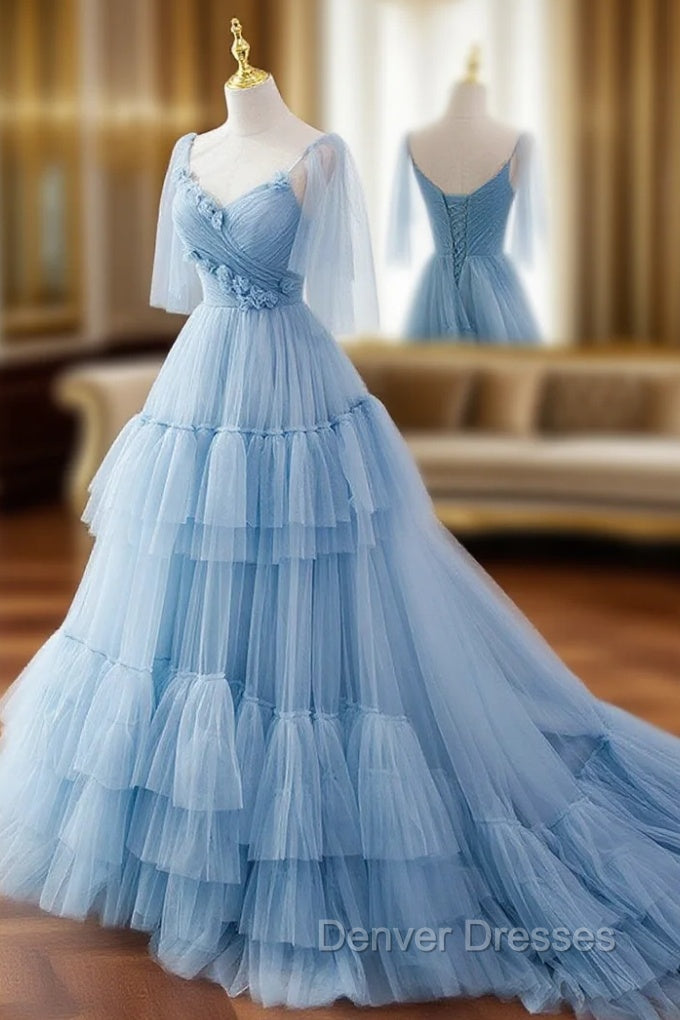 Blue v neck tulle long prom dress, blue tulle formal dress Main image