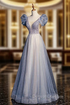 Blue V-Neck Tulle Long Prom Dress with Beaded, Elegant A-Line Formal Evening Dress