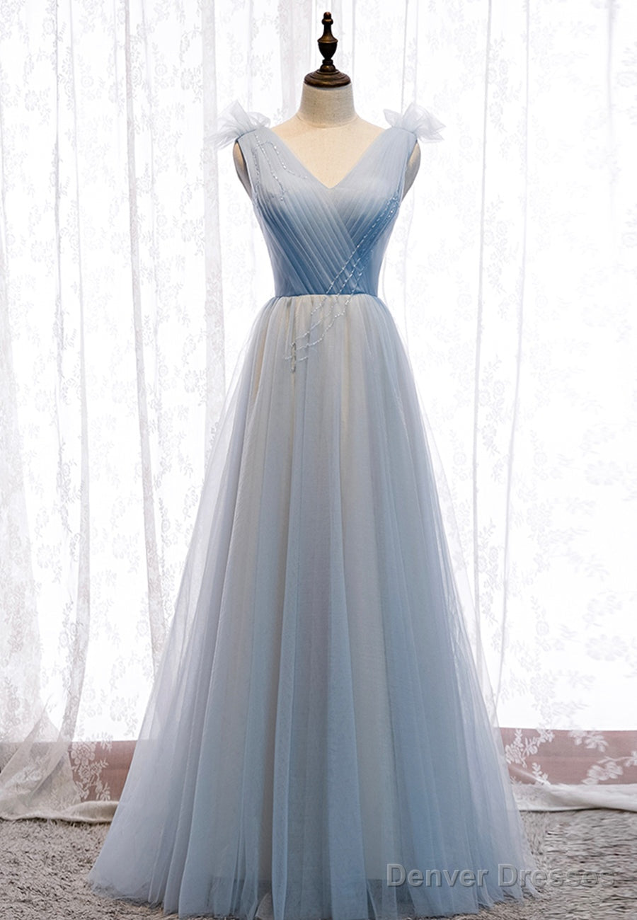 Blue V-Neck Tulle Long Prom Dresses, A-Line Evening Dresses Main image