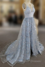 Blue V Neck Tulle Sequin Long Prom Dress, Blue Aline Formal Graduation Dress