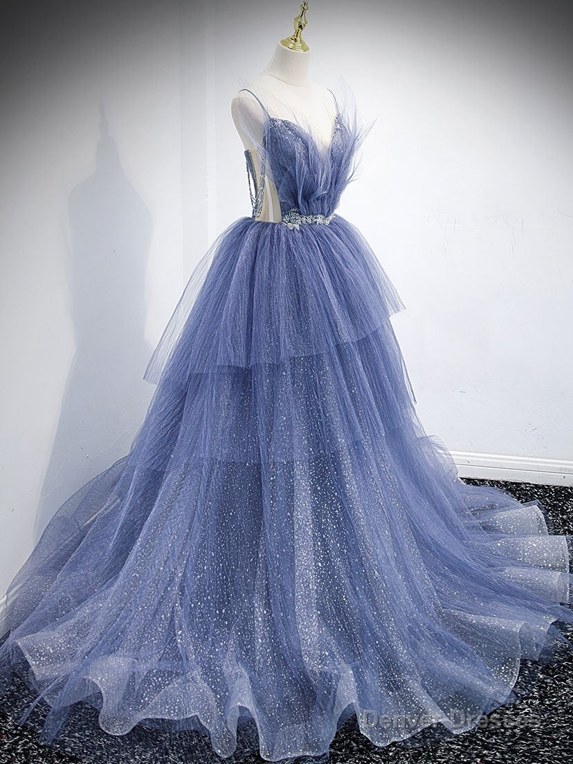 Blue v neck tulle sequin long prom dress, blue evening dress