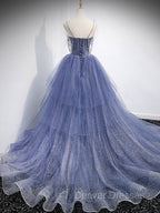 Blue V Neck Tulle Sequin Long Prom Dress, Blue Tulle Formal Dress