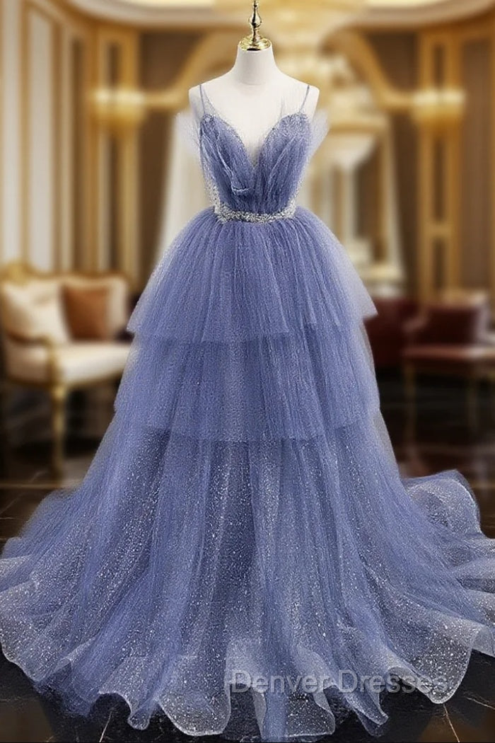 Blue V Neck Tulle Sequin Long Prom Dress, Blue Tulle Formal Dress Main image