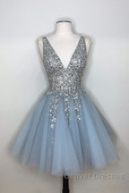 Blue v neck tulle sequin short prom Dress, blue homecoming Dress