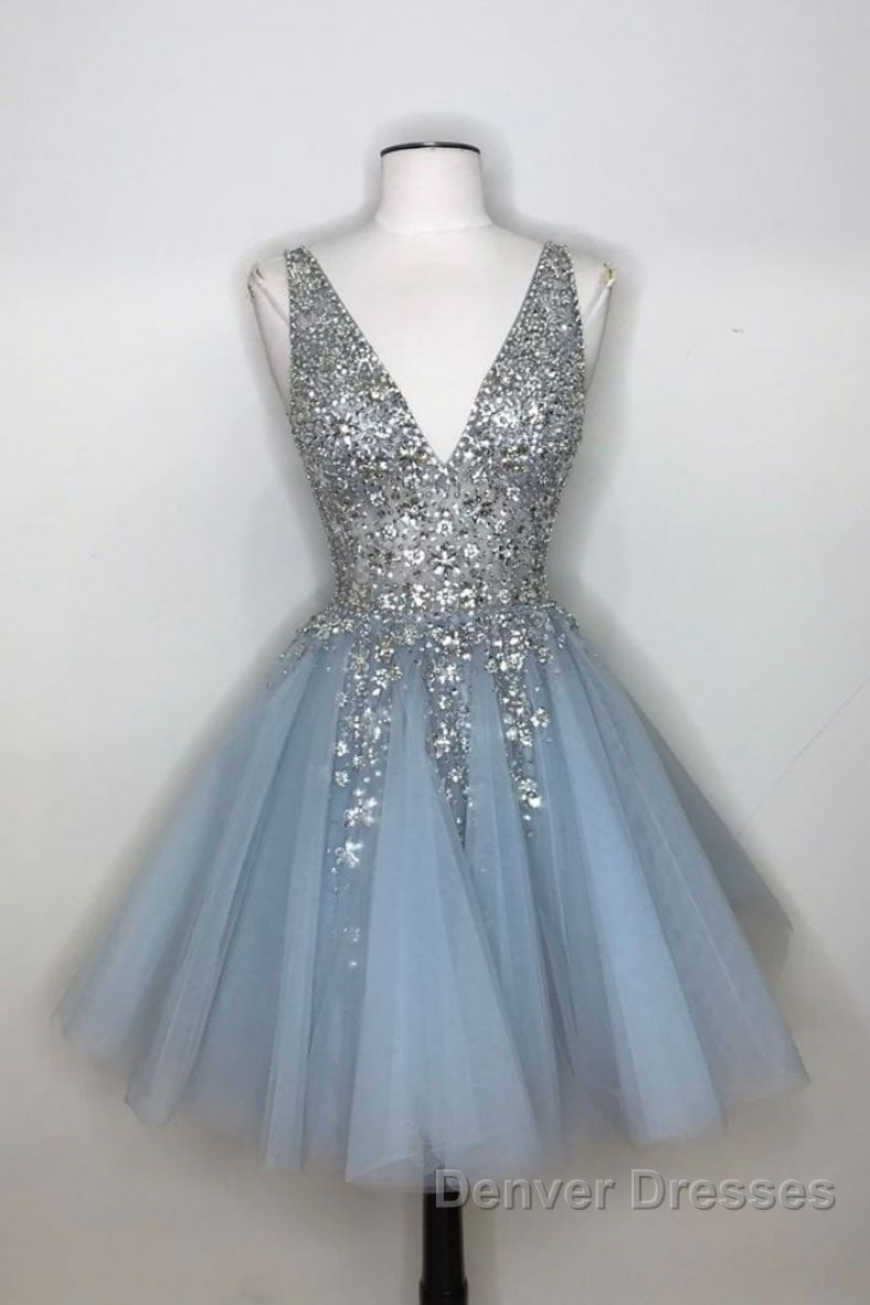 Blue v neck tulle sequin short prom Dress, blue homecoming Dress