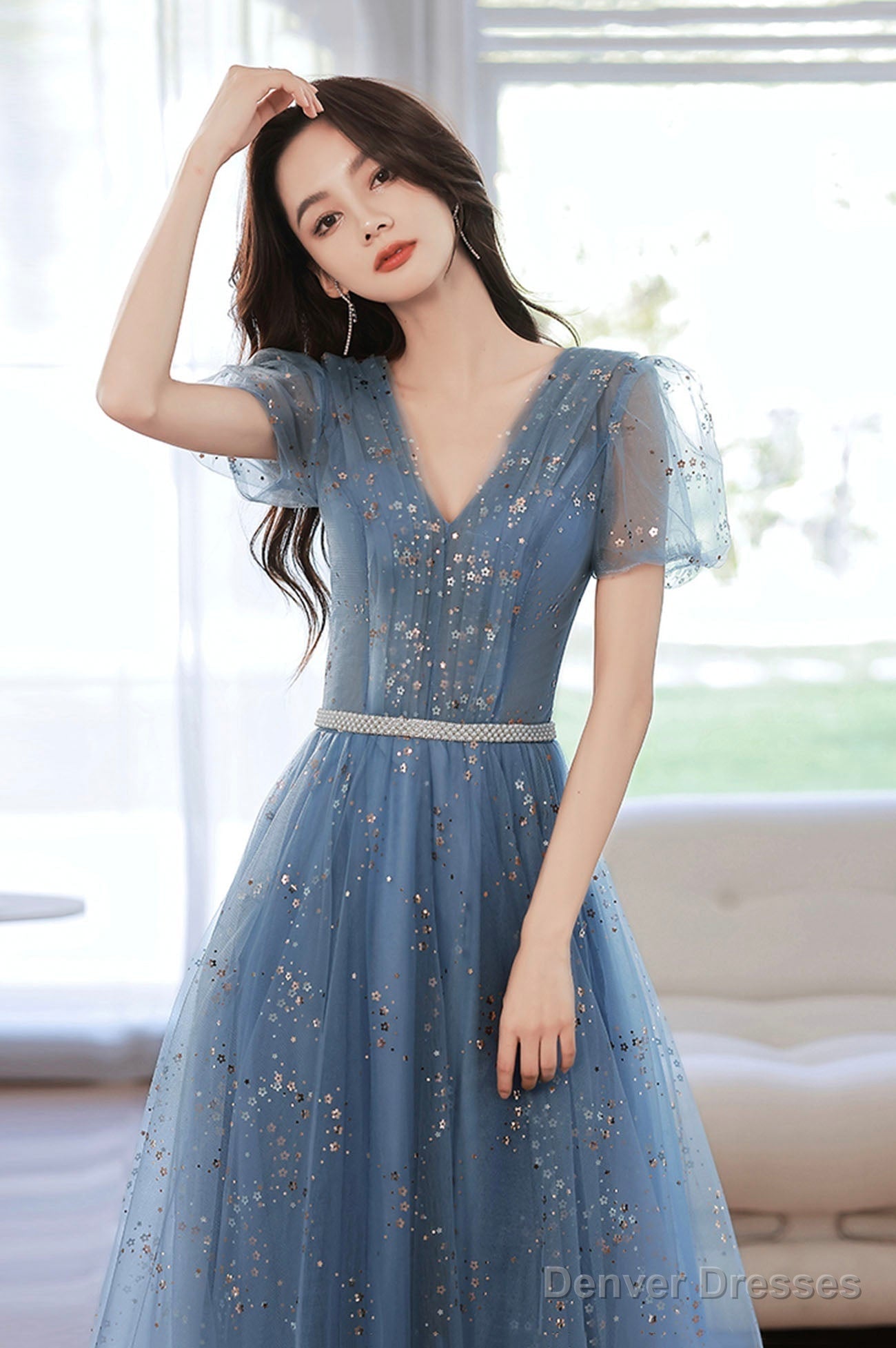 Blue V-Neck Tulle Sequins Long Prom Dress, A-Line Evening Party Dress Secondary image