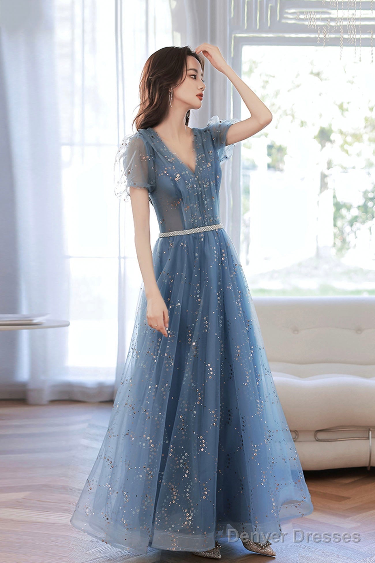 Blue V-Neck Tulle Sequins Long Prom Dress, A-Line Evening Party Dress