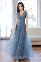 Blue V-Neck Tulle Sequins Long Prom Dress, A-Line Evening Party Dress