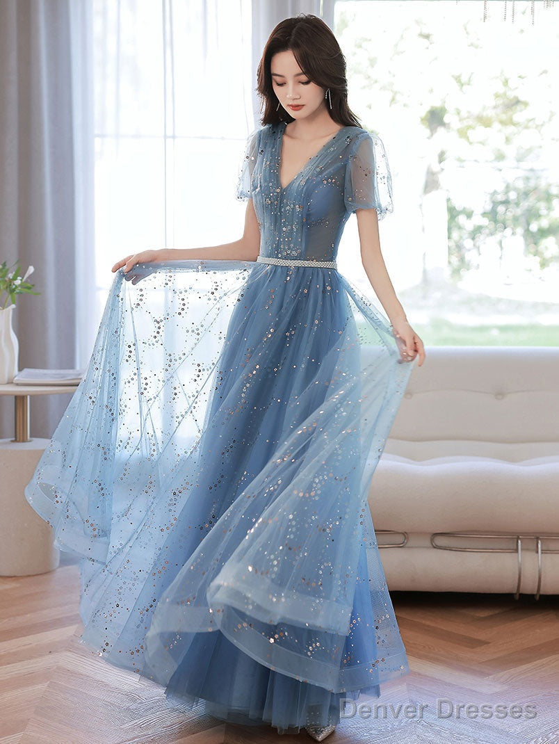 Blue V Neck Tulle Tea Length Prom Dress, Blue Sequin Evening Dress Secondary image