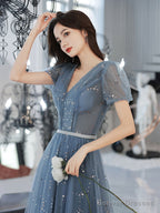 Blue V Neck Tulle Tea Length Prom Dress, Blue Sequin Evening Dress